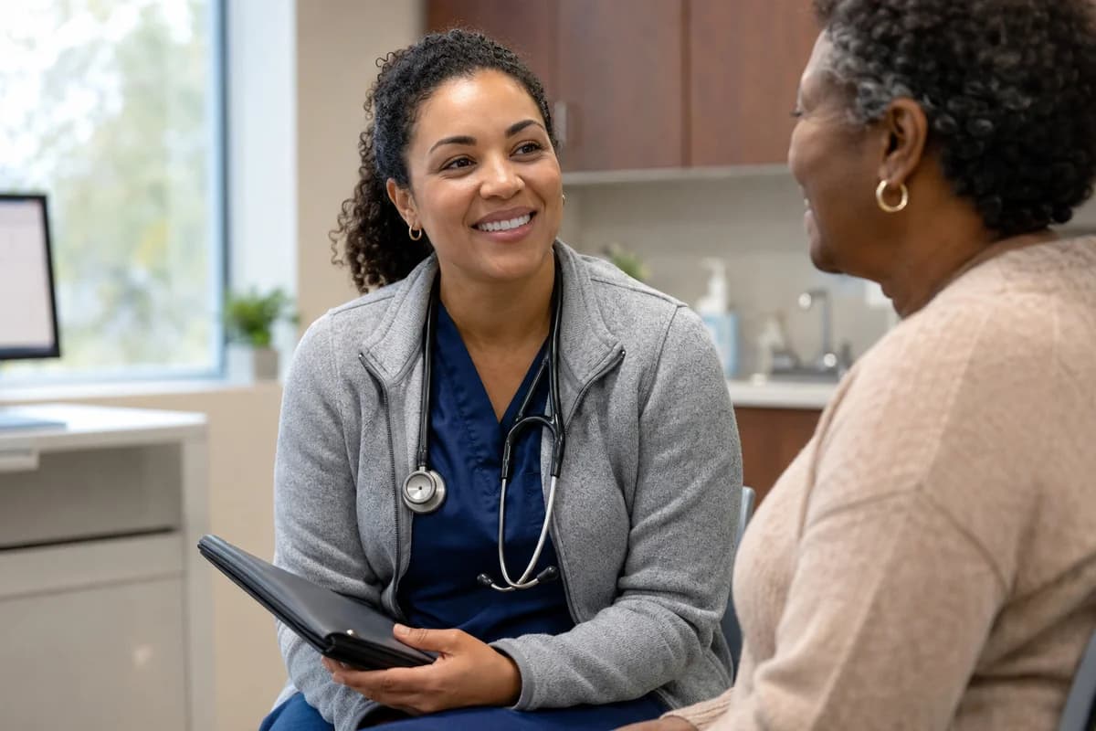Clinician and patient sharing a relieved smile at the end of a visit